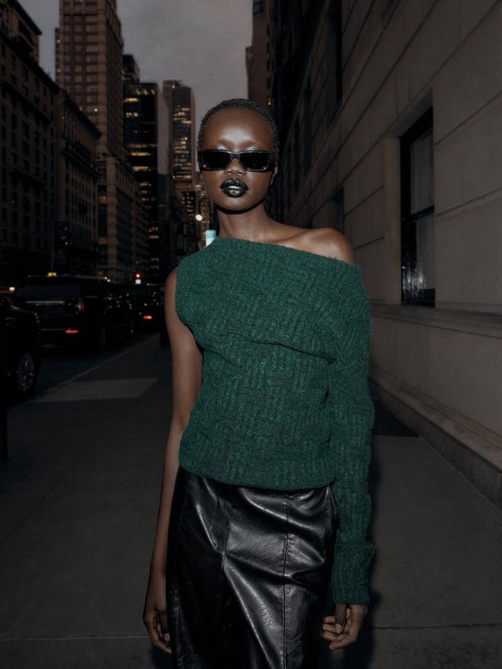 Zara / NWT Asymmetric Neck & Sleeve Sweater Top Textured Knit Green Womens Small